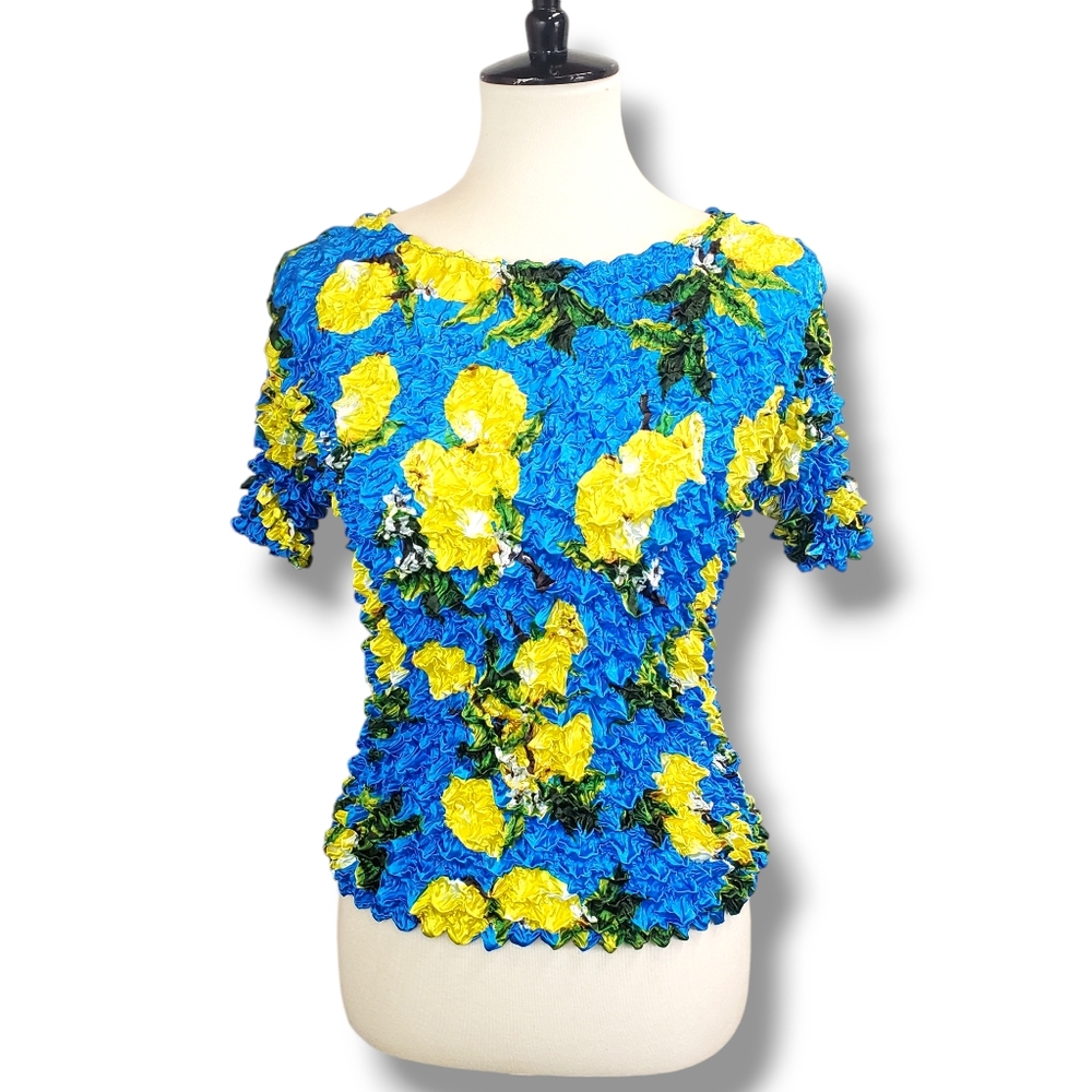 Blue Lemon Printed Satin Popcorn Crinkle Top OS S-L